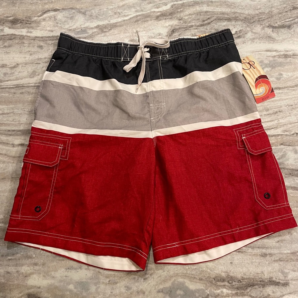 NEW Ocean Pacific Mens Stripe Tugger Board Shorts Red Colorblock Cargo Pockets L